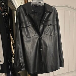 Black Faux Leather Shirt Jacket